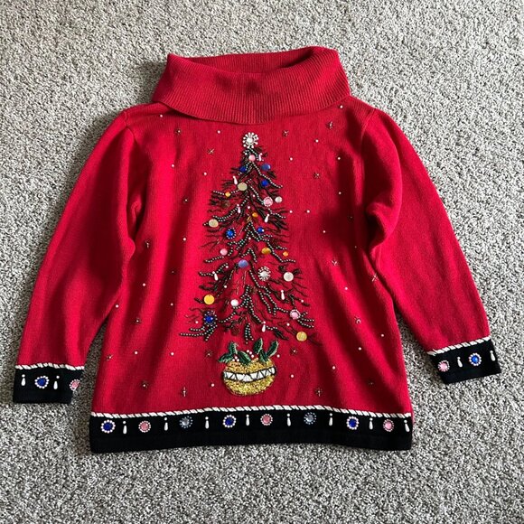 Victoria Jones Womens 1X Red Embellished Ugly Christmas Tree Sweater /Cowl Neck - Picture 2 of 11